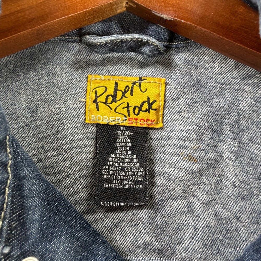 Robert Stock Denim Jacket Mens XL Blue Trucker Boxy 90s Y2K Graphic - Picture 5 of 10